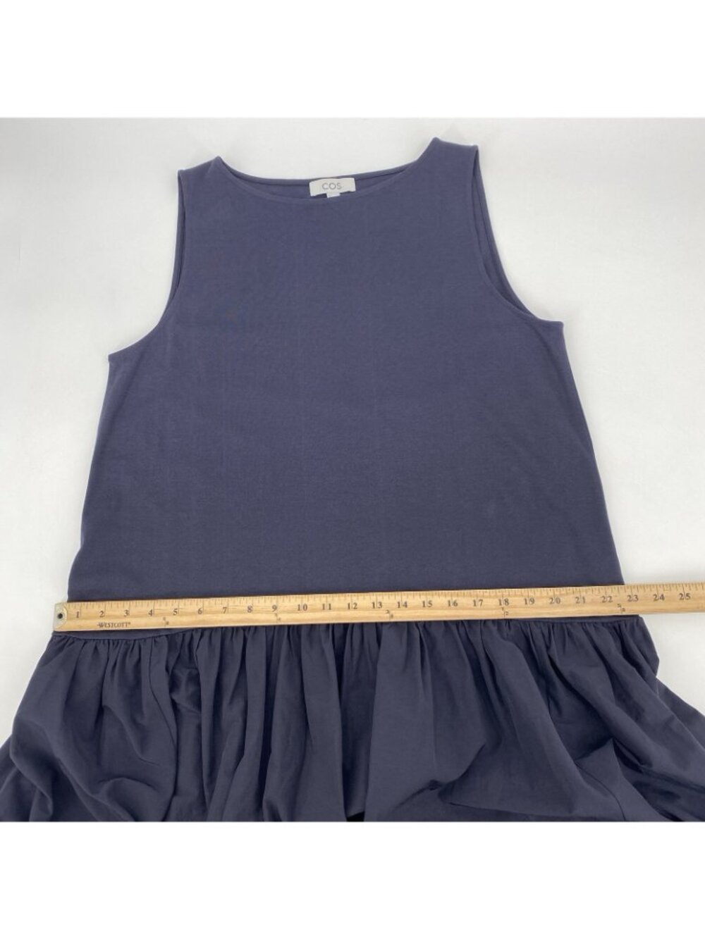 COS Size L Navy Blue Midi Dress Sleeveless Contrast Gathered Tiered Minimalist - Picture 4 of 16